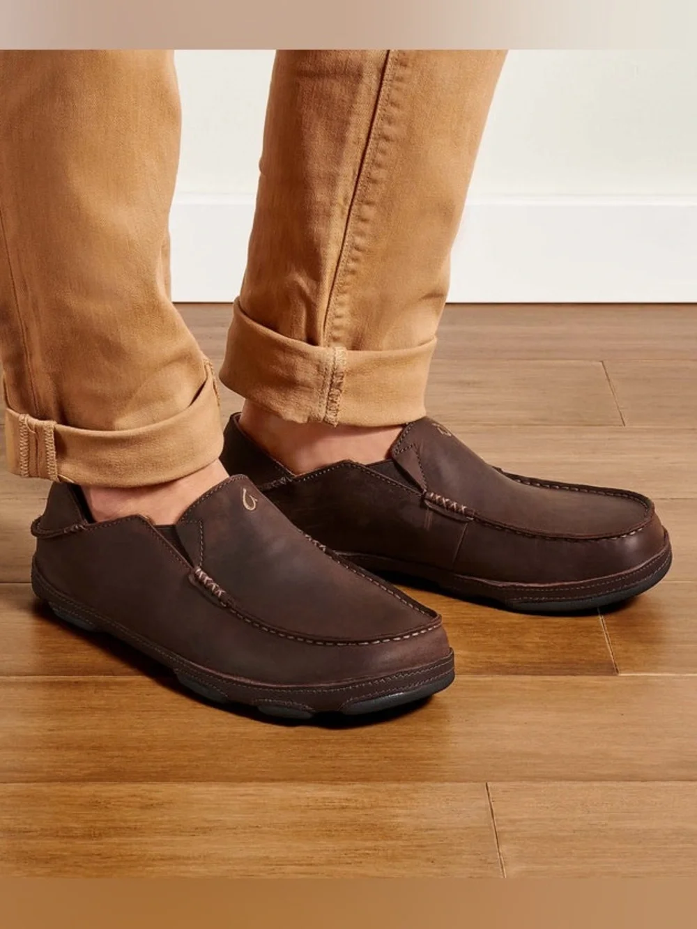 OluKai Moloa Men's Leather Slip-On Loafers Dark Wood Java Brown Size 14